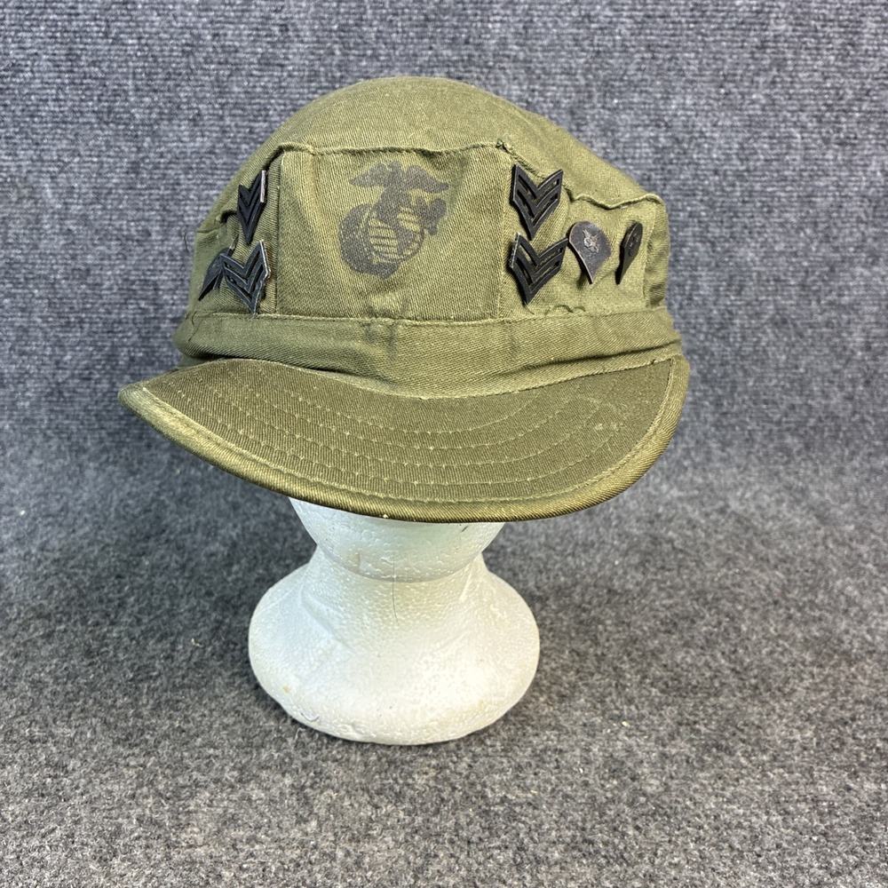USMC Marine 8 Point OG-107 Utility Field Cap Hat Green XL w/ Lapel Pins Vintage